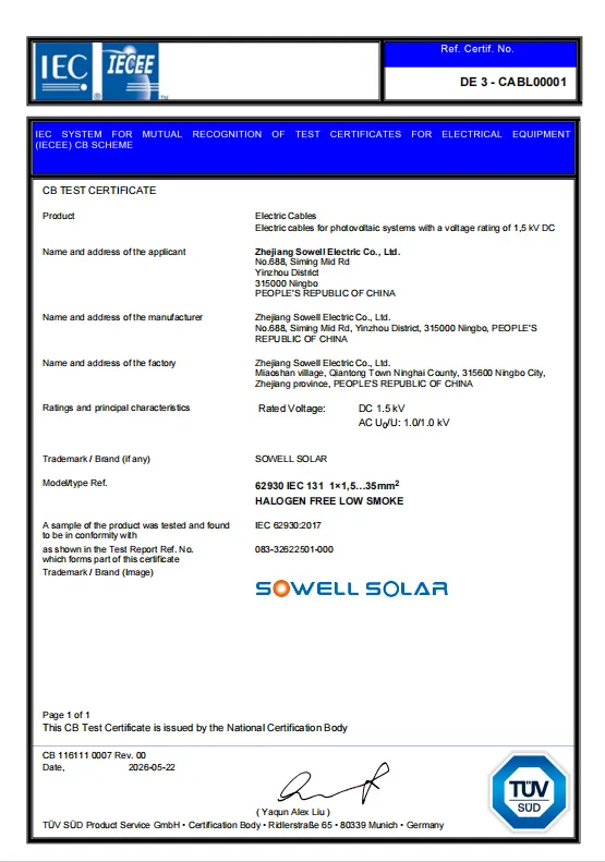 Faigheann Cáblaí Fótavoltach SOWELLSOLAR Aitheantas Deimhnithe TÜV SÜD IECEE-CB